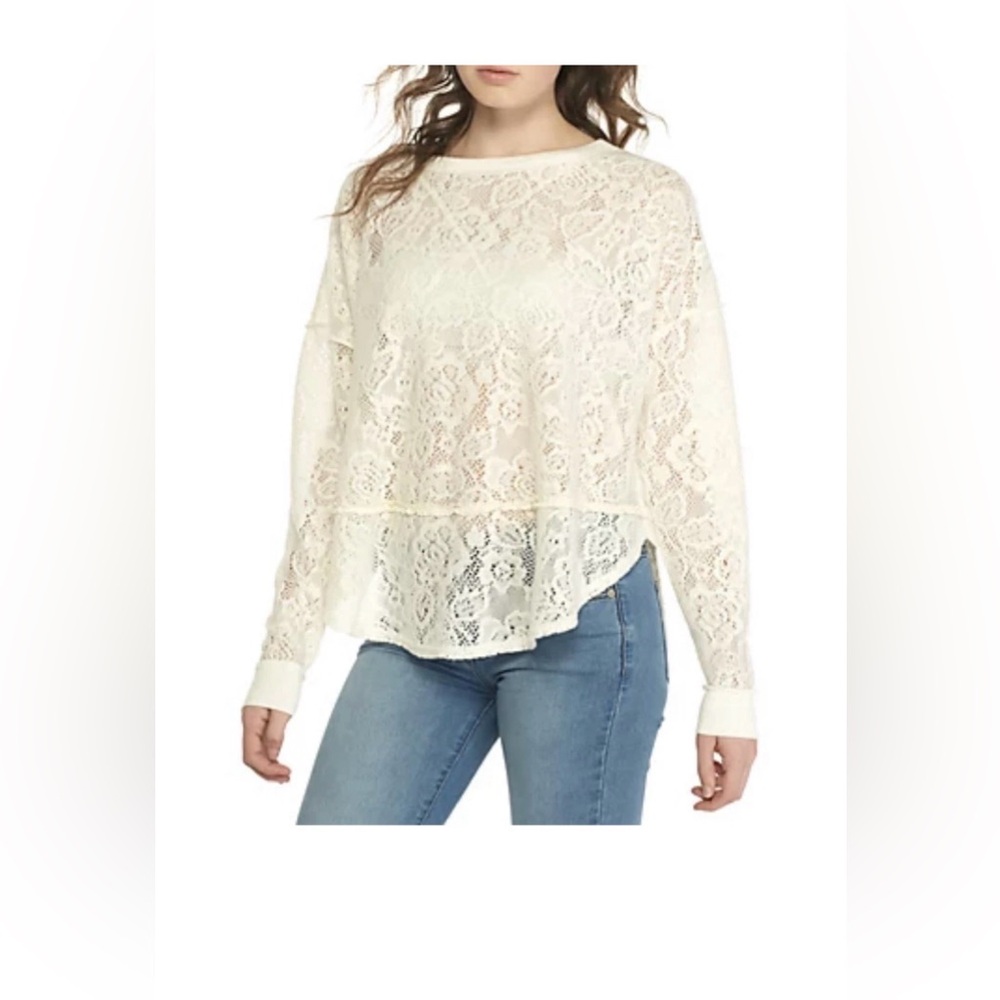 FREE PEOPLE Off-White Sheer Floral Lace Top Oversized Long Sleeve Pullover
